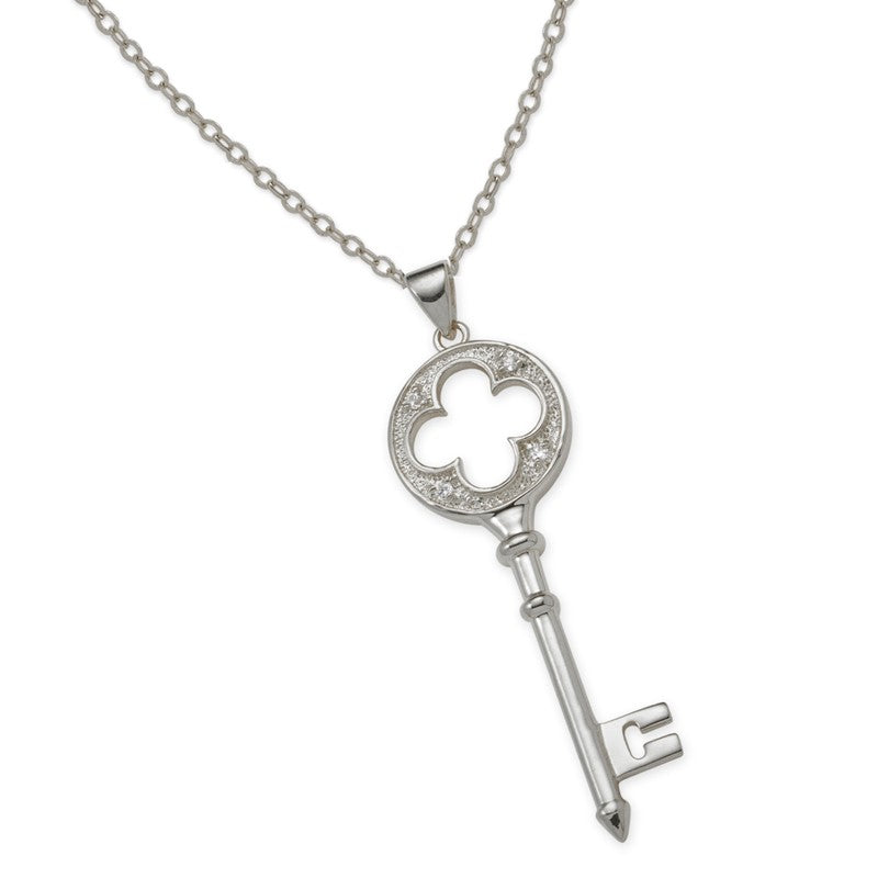Cubic Zirconia Romantic Venice Key Pendant Necklace in Silver Large Version
