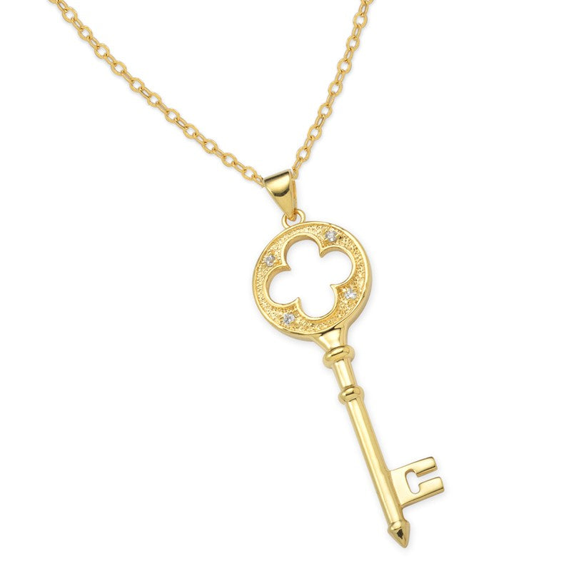 Cubic Zirconia Romantic Venice Key Pendant Necklace in Gold Over Silver Large Version