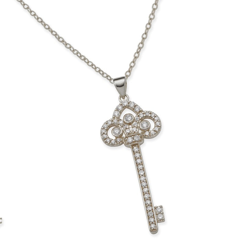 Cubic Zirconia Royalty Crown Key Pendant Necklace in Silver
