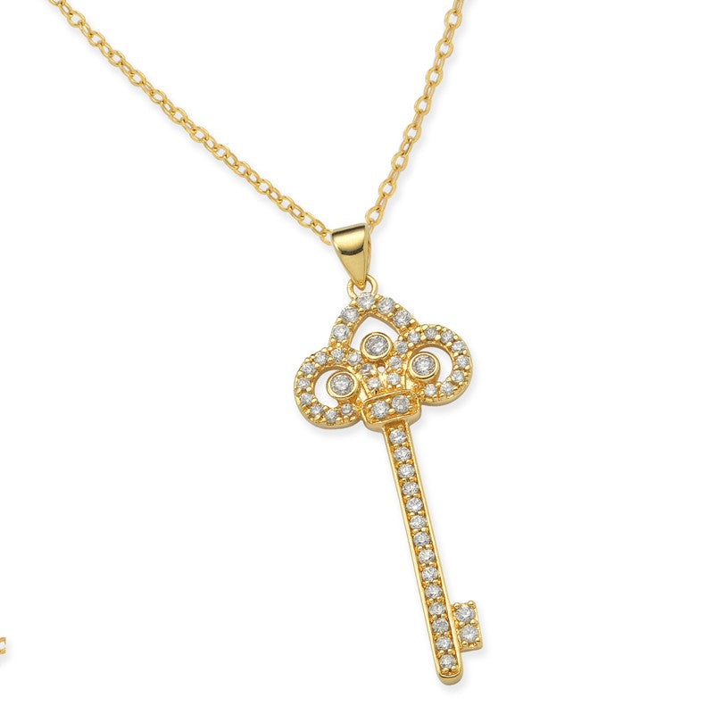 Cubic Zirconia Royalty Crown Key Pendant Necklace in Gold Over Silver