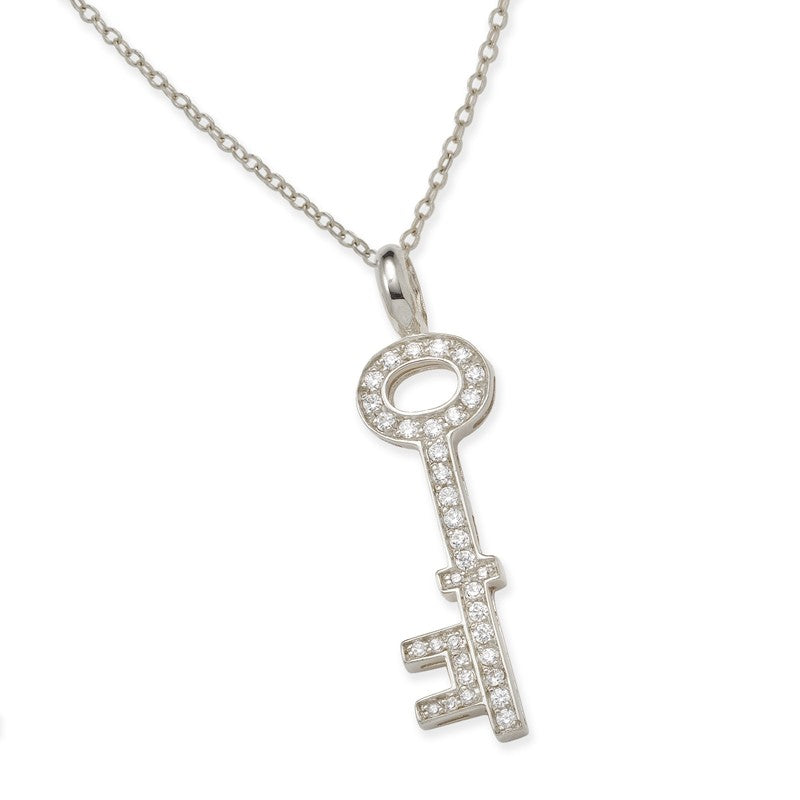 Cubic Zirconia Bold and Large Key Pendant Necklace in Silver