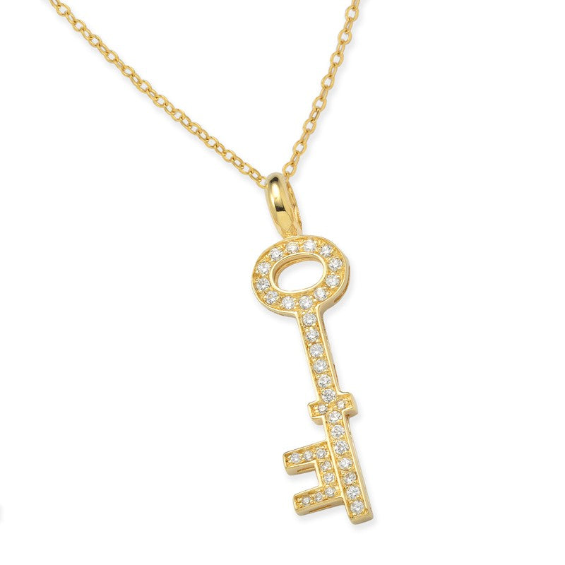 Cubic Zirconia Bold and Large Key Pendant Necklace in Gold Over Silver