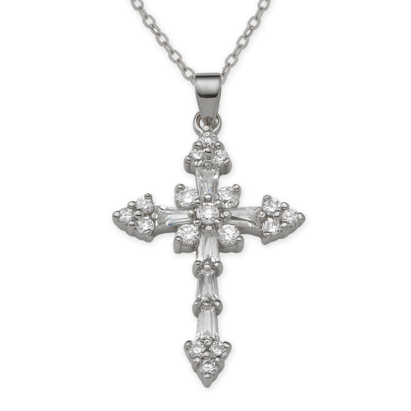 Silver Cubic Zirconias Cross Pendant with chain