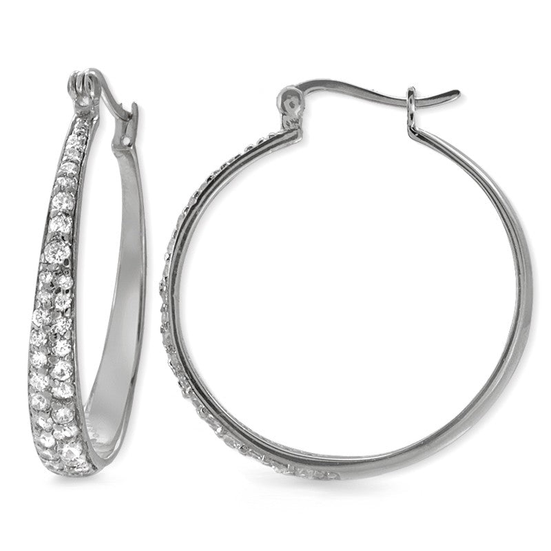 Silver CZ Tapered Hoop Earrings