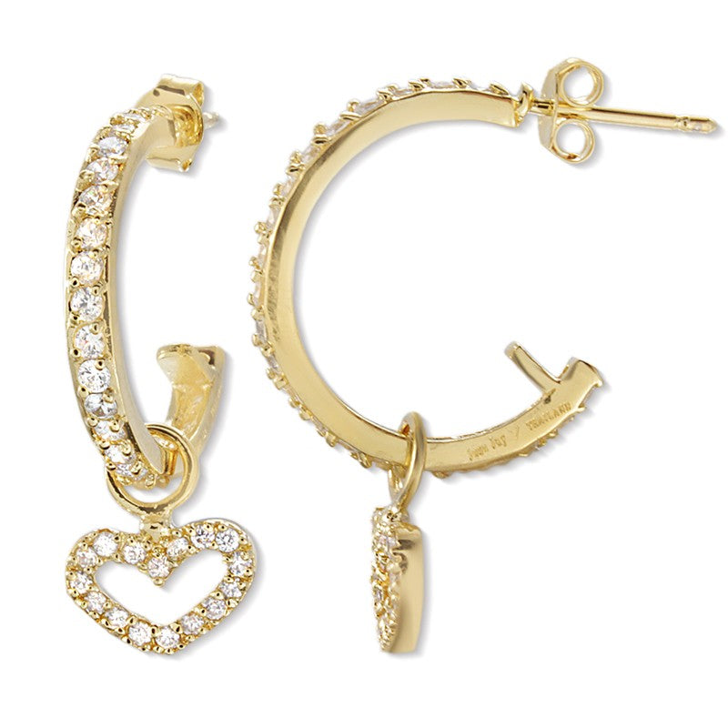 GoldoverSilver CZ Prong Set Dangle Heart Hoop Earrings