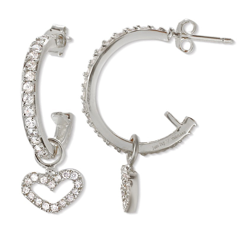 Silver CZ Prong Set Dangle Heart Hoop Earrings