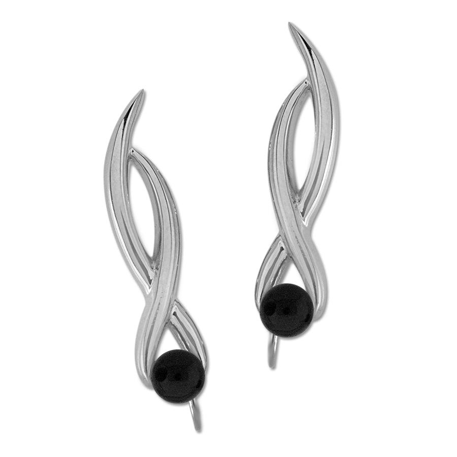 Ear Climber Ear Pin Earrings Black Onyx Crossover Swirls Sterling Silver
