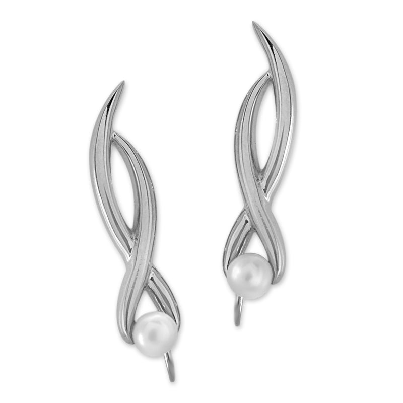 Ear Climber Ear Pin Earrings Freshwater Pearl Crossover Swirls Sterling Silver