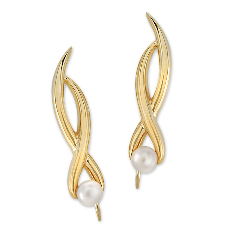 Ear Climber Ear Pin Earrings Freshwater Pearl Crossover Swirls 18k Gold Over Silver