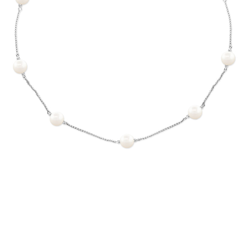 Silver Swarovski Crystal Pearls Rolo Chain Station Necklace 18 Inches
