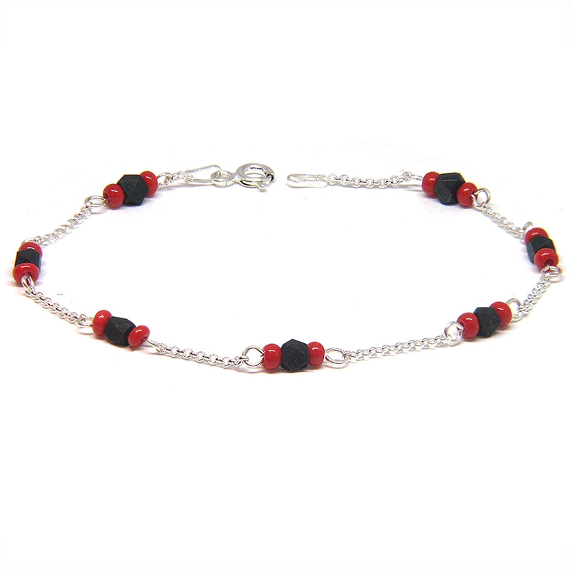 Jet Azabache Anklet 3mm w Red Coral Bead Sterling Silver