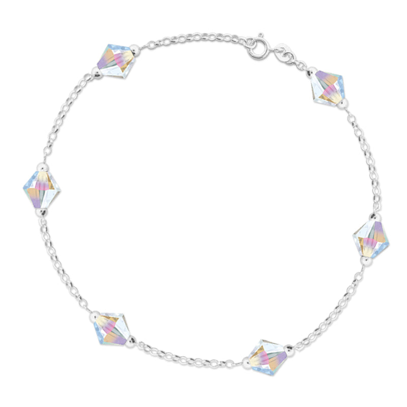 Silver Swarovski Crystal Bicone Rolo Chain Station Anklet 10 Inches