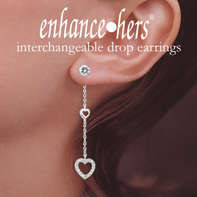 Silver Cubic Zirconia Dangle Hearts Interchangeable Enhancers Earrings