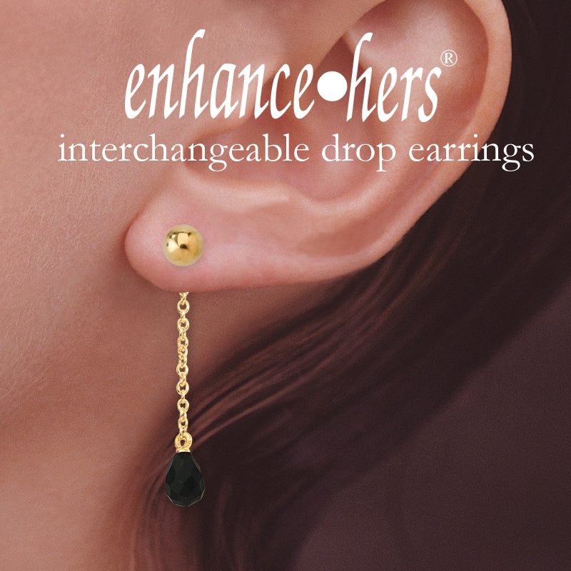 Black Onyx Teadrop Dangle w Bead Stud Interchangeable Enhancer Earrings Gold Over Silver
