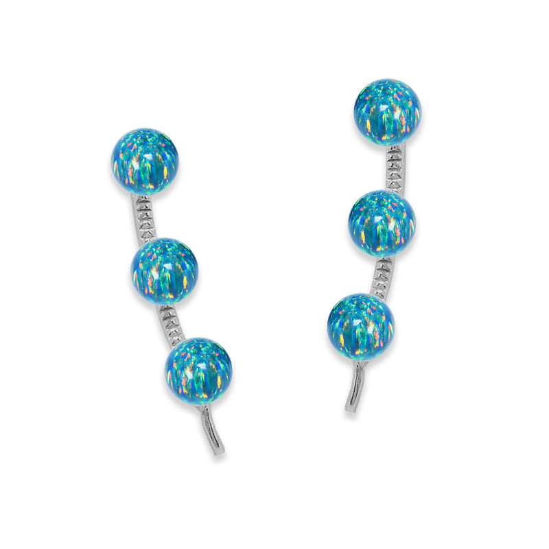Ear Climber Earrings Ear Pin 3-in-1 Look Opal Beads Earcrawlers-Blue Opal - Simulated-14kt. Gold - White
