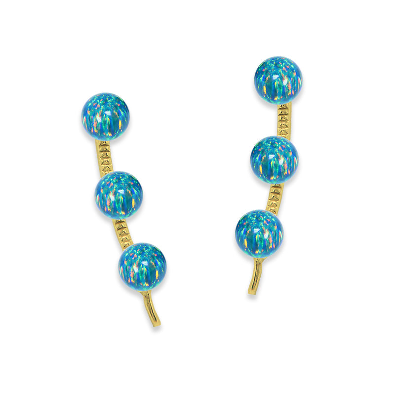 Ear Climber Earrings Ear Pin 3-in-1 Look Opal Beads Earcrawlers-Blue Opal - Simulated-18kt. Yellow Gold Over Sterling Silver