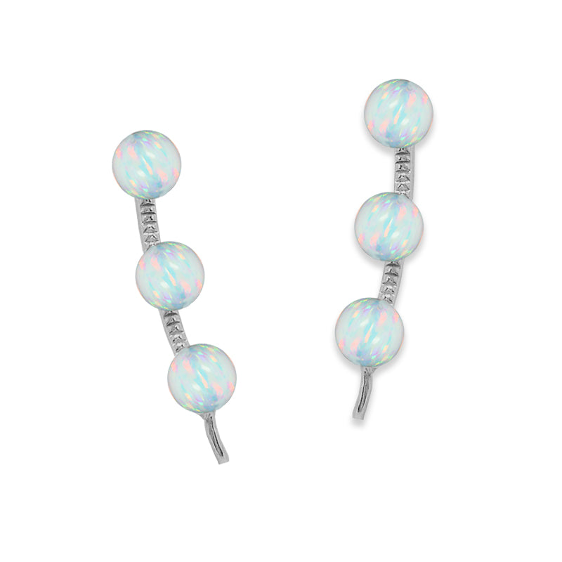 Ear Climber Earrings Ear Pin 3-in-1 Look Opal Beads Earcrawlers-White Opal - Simulated-Sterling Silver Rhodium Finish