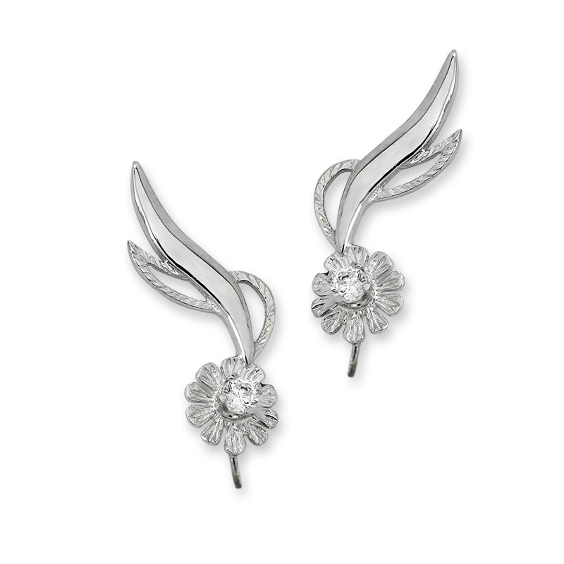 Cubic Zirconia Ear Climber Earrings - Springtime Flower - Ear Pin - Sterling Silver