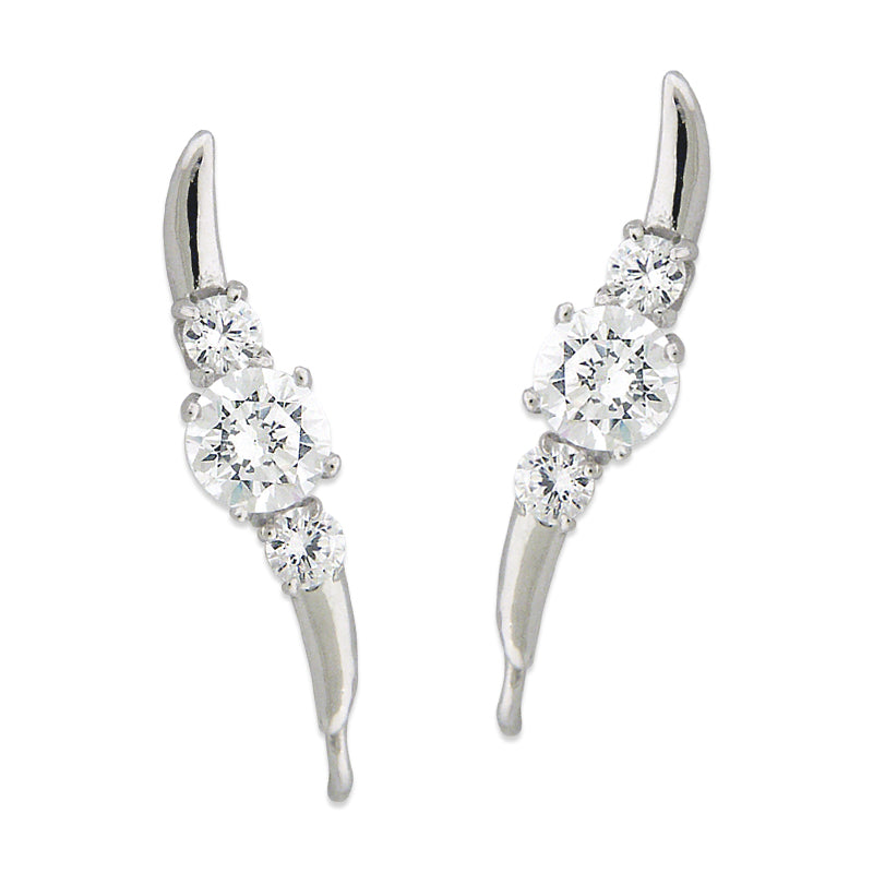 Sterling Silver Round CZ Triple Stone Past-Present-Future Ear Pin Earrings