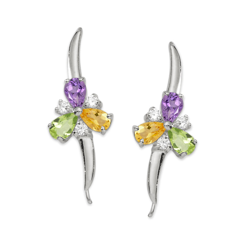 Silver Multi Gemstone Pearshape Springtime Ear Pin Earrings