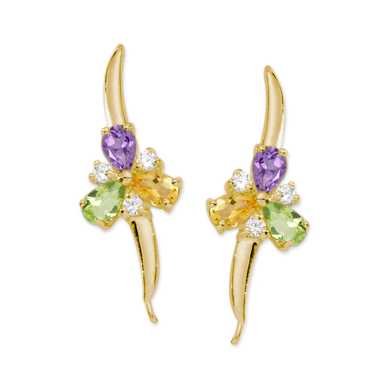 Gold Over Silver Multi Gemstone Pearshape Springtime Ear Pin Earrings