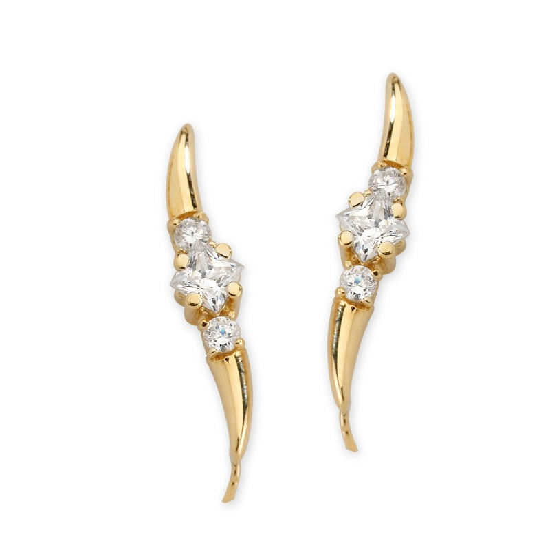 Princess Cut Center CZ Gold over Silver Ear Pin Earrings