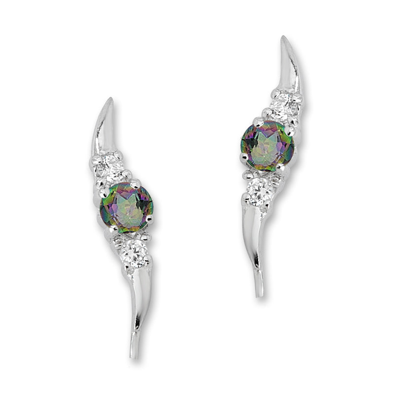 Silver Ear Climber Earrings - Genuine Round Gemstone with CZ Accents Small Version - Ear Pin - Sterling Silver