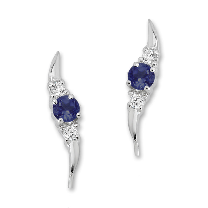 Sterling Silver Simulated Round Blue Sapphire Gemstone with CZ Accents Ear Pin Earrings