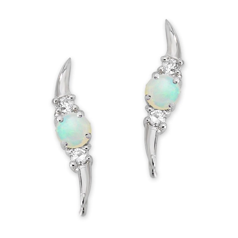 Sterling Silver Simulated Round Opal Gemstone with CZ Accents Ear Pin Earrings