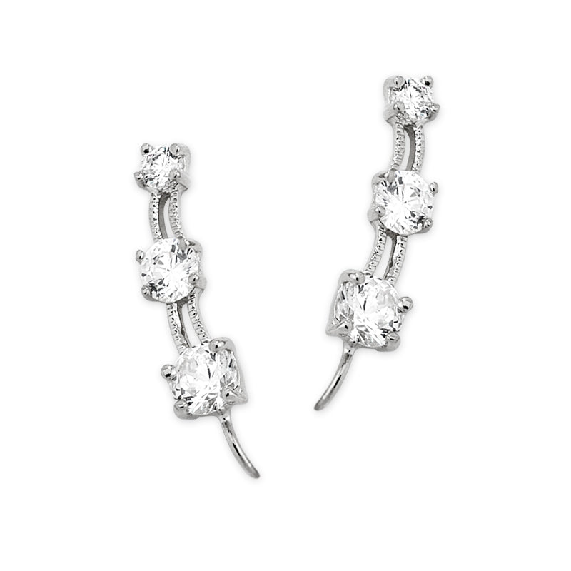 Cubic Zirconia Ear Climber Earrings - 3 in 1 Graduating Cubic Zirconia - Ear Pin - Sterling Silver