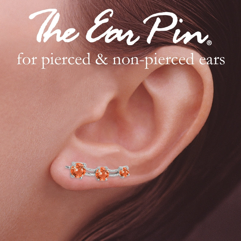 Ear Pin Ear Climber Earrings 3-in-1 Orange Cubic Zirconias Sterling Silver