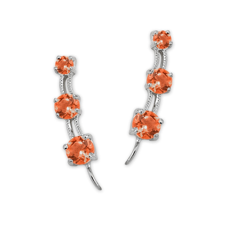 Ear Pin Ear Climber Earrings 3-in-1 Orange Cubic Zirconias Sterling Silver