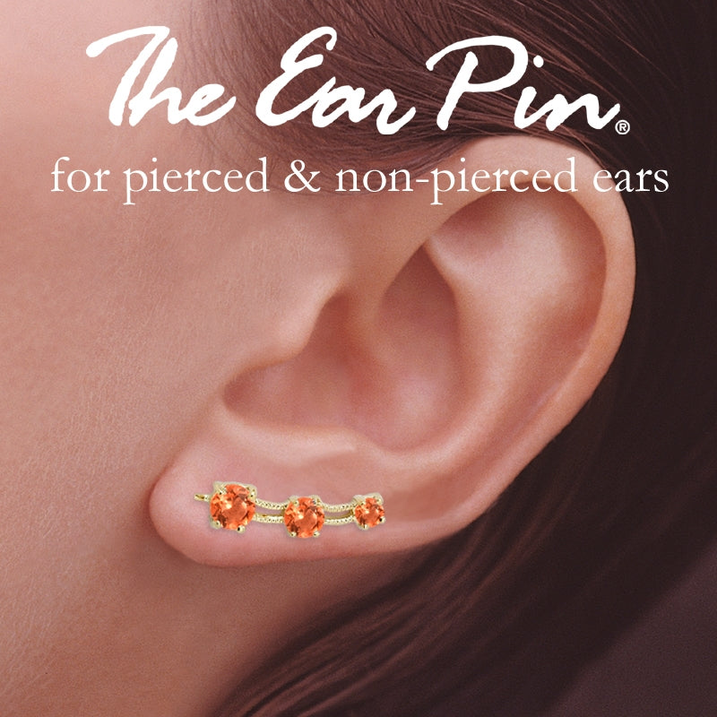 Ear Pin Ear Climber Earrings 3-in-1 Orange Cubic Zirconias Gold Over Silver
