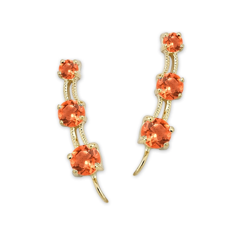 Ear Pin Ear Climber Earrings 3-in-1 Orange Cubic Zirconias Gold Over Silver