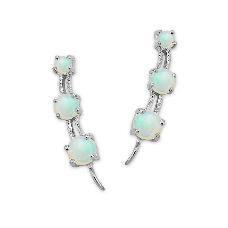Opal Ear Climber Earrings - 3 in 1 Simulated Opal - Ear Pin - Silver