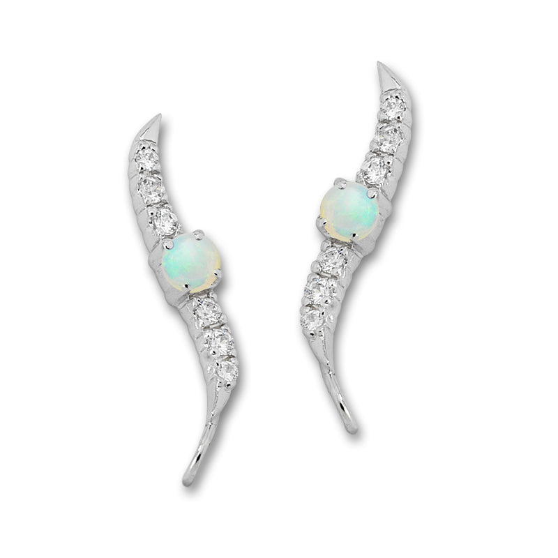 Opal and Cubic Zirconia Silver Ear Pin Earrings