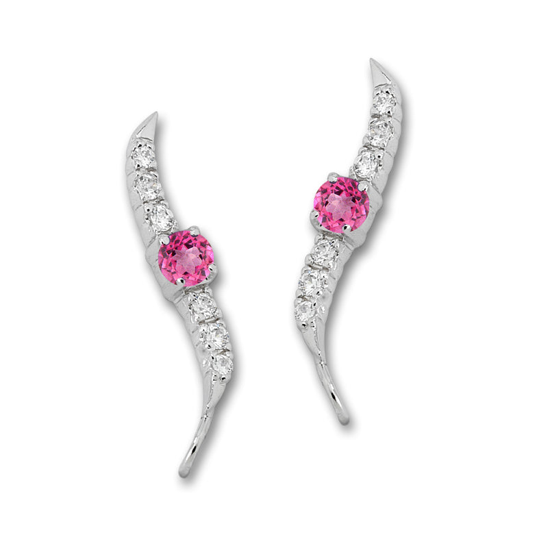 Pink Tourmaline and Cubic Zirconia Silver Ear Pin Earrings