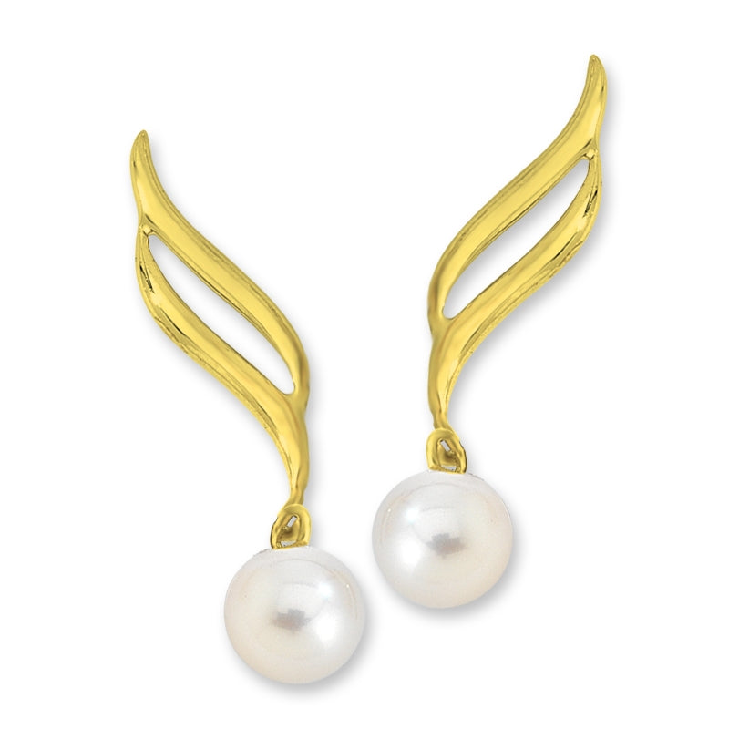 Ear Pin Ear Climber Earrings Pearl Dangle Double Swirls Gold Over Silver