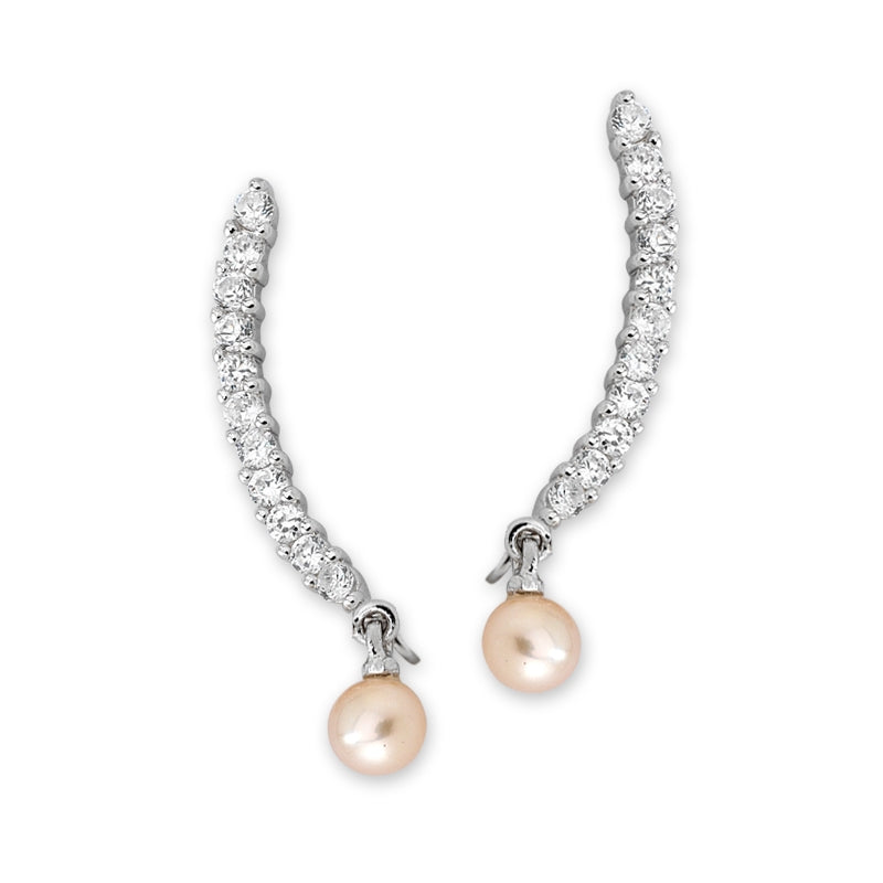 Ear Climber Earrrings Ear Pin Dangle Freshwater Pearl Cubic Zirconia Arc Sterling Silver