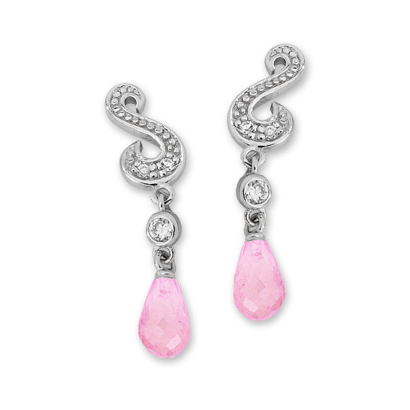 Pink CZ Dangle Silver Ear Pin Earrings