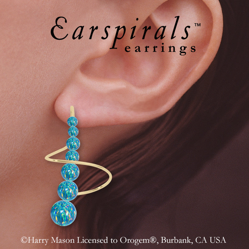 Earspirals Earrings Graduated Blue Opal Beads Large Size Gold Over Silver