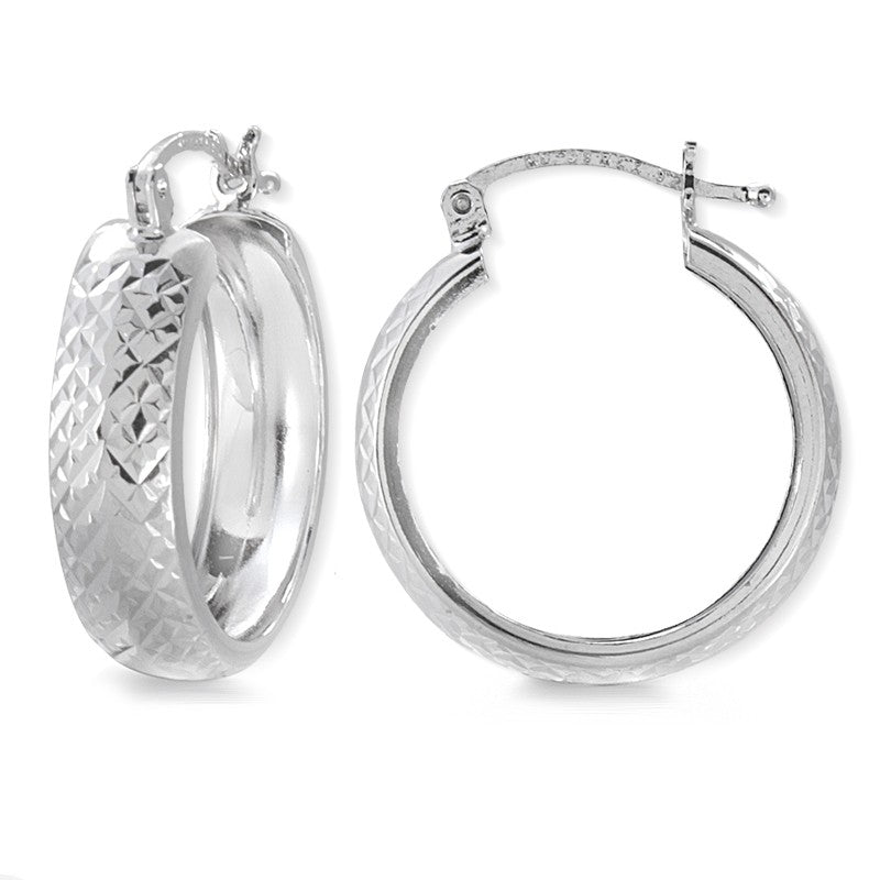 Silver Diamond-Cut Checkerboard Hoop Earrings