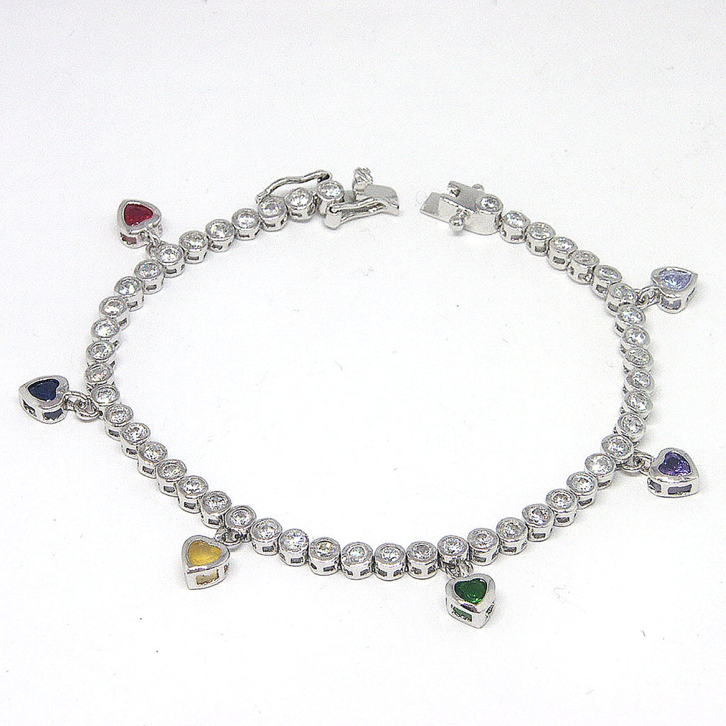 Tennis Bracelet Round Bezel Cubic Zirconias with Dangling Hearts 7 inches Sterling Silver