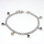 Tennis Bracelet Round Bezel Cubic Zirconias with Dangling Hearts 7 inches Sterling Silver