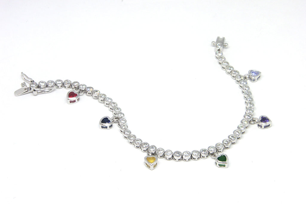 Tennis Bracelet Round Bezel Cubic Zirconias with Dangling Hearts 7 inches Sterling Silver