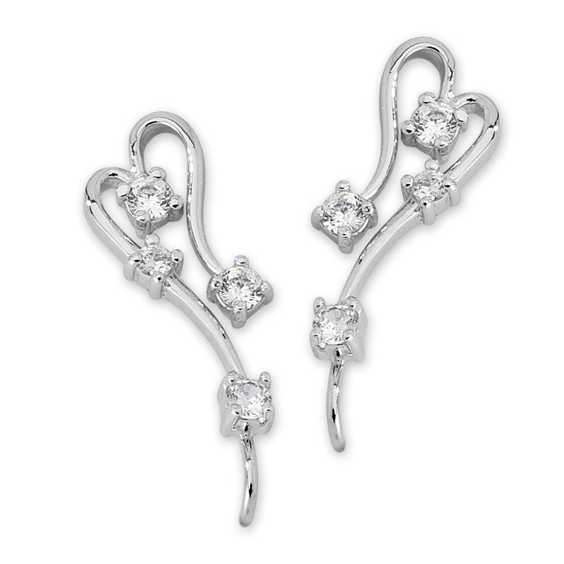 Ear Pin Ear Climber Earrings Cubic Zirconia Hearts Sterling Silver