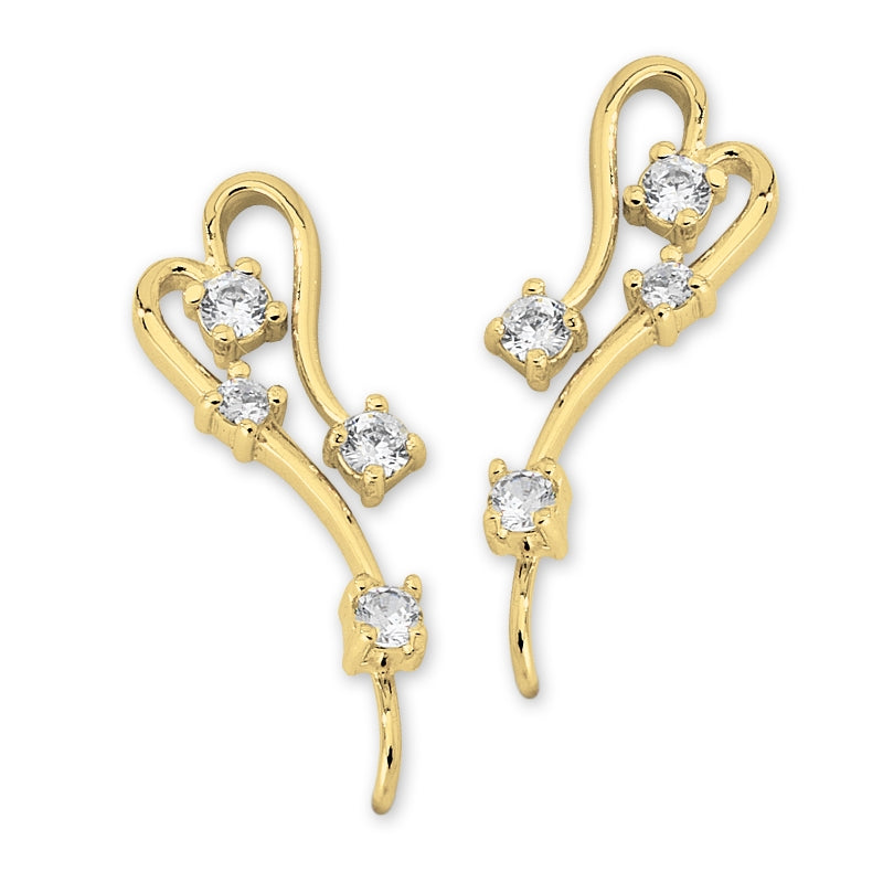 Ear Pin Ear Climber Earrings Cubic Zirconia Hearts 18k Gold Over Silver
