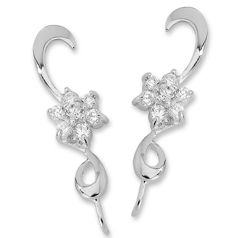 Sterling Silver Cubic Zirconia Cluster Center Swirl Ear Pin Earrings