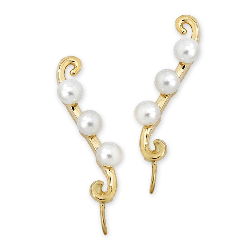 Triple Pearls Gold Over Silver Ear Pin Earrings