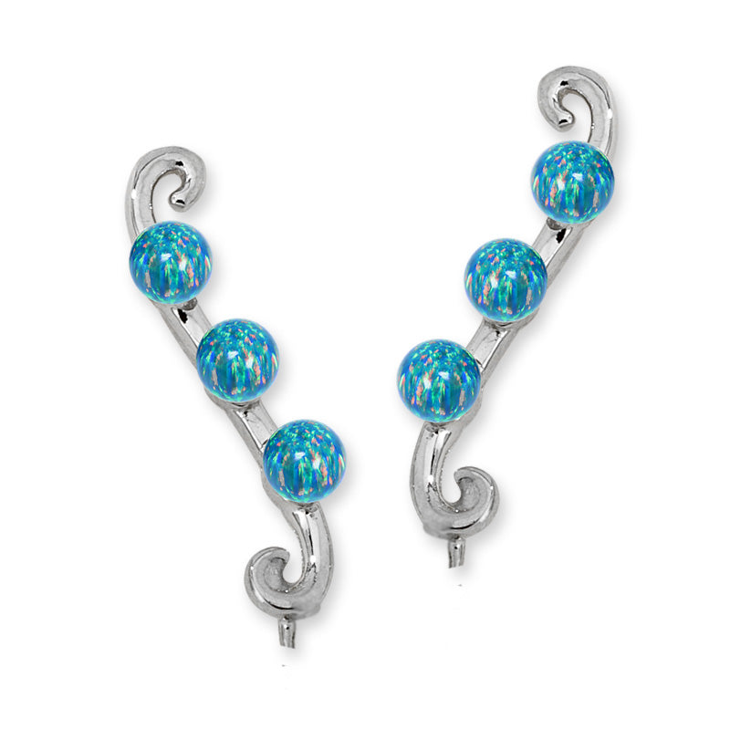 Ear Climber Earrings Ear Pin Triple Opal Bead Swirls Earcrawlers
